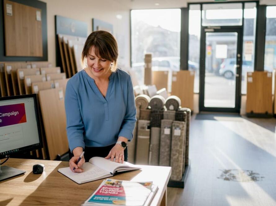 Flooring manager creating drip campaign at showroom desk
