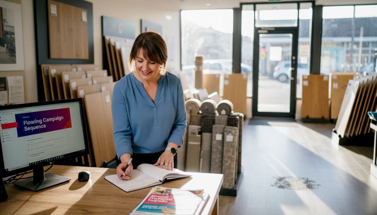 Flooring manager creating drip campaign at showroom desk