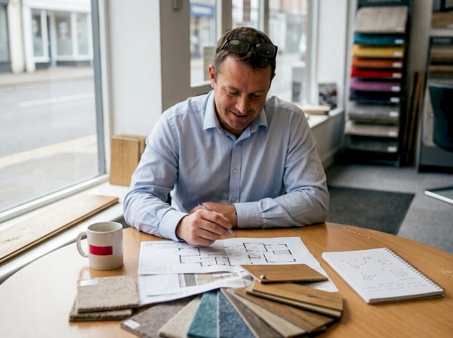Business owner reviewing floor plans at desk