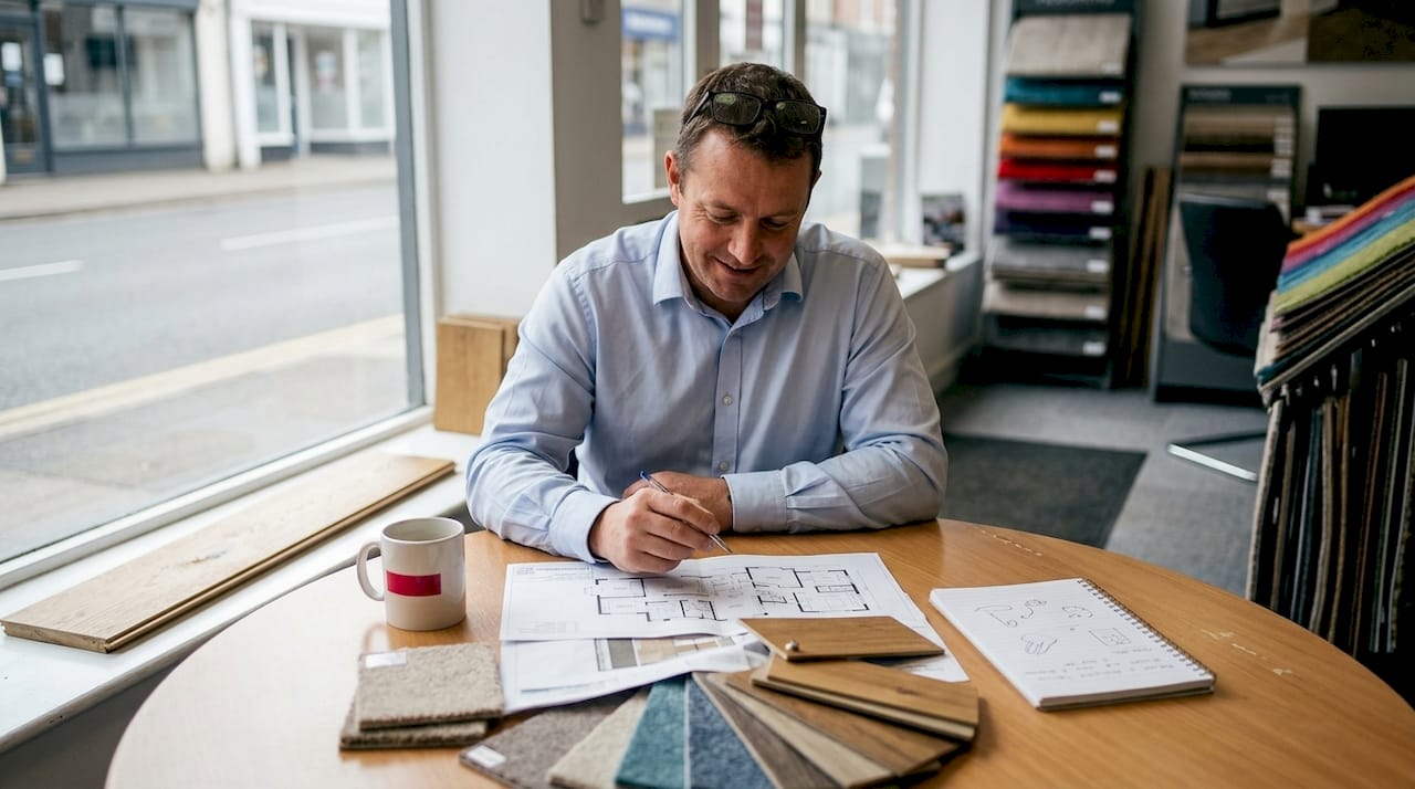 Business owner reviewing floor plans at desk