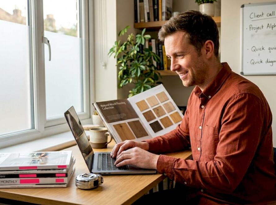 Consultant at desk reviewing flooring website