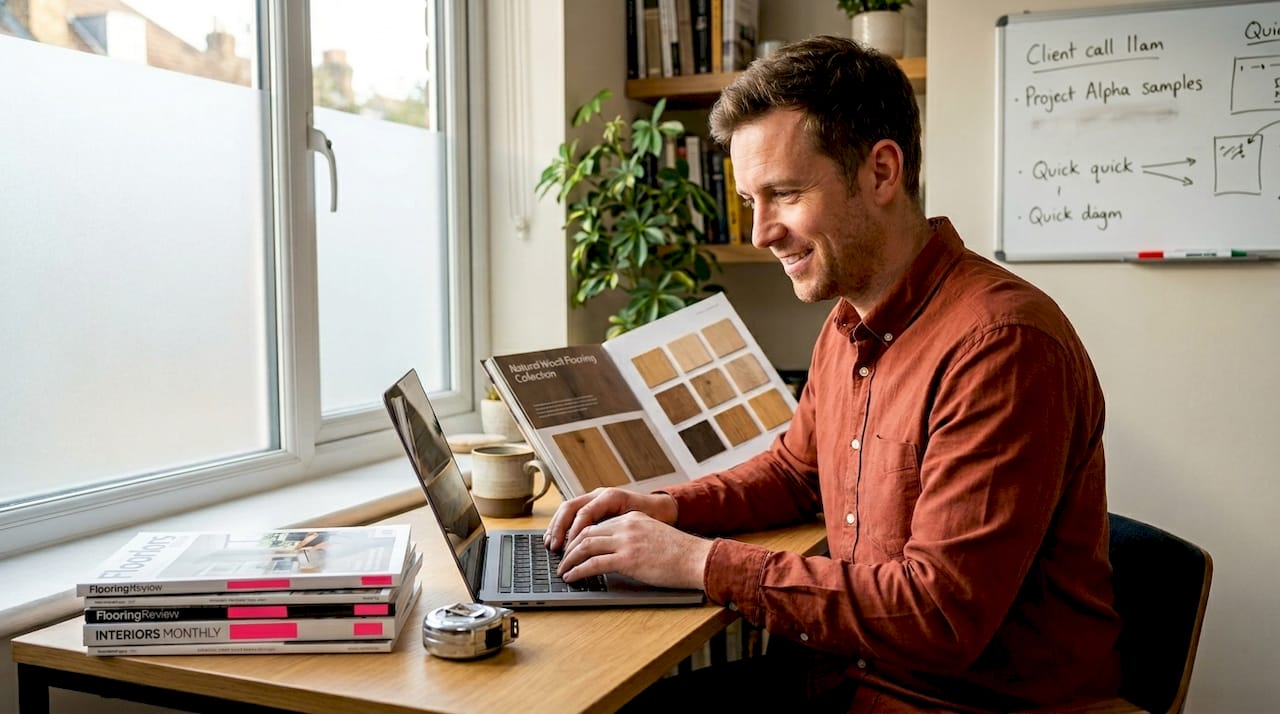 Consultant at desk reviewing flooring website