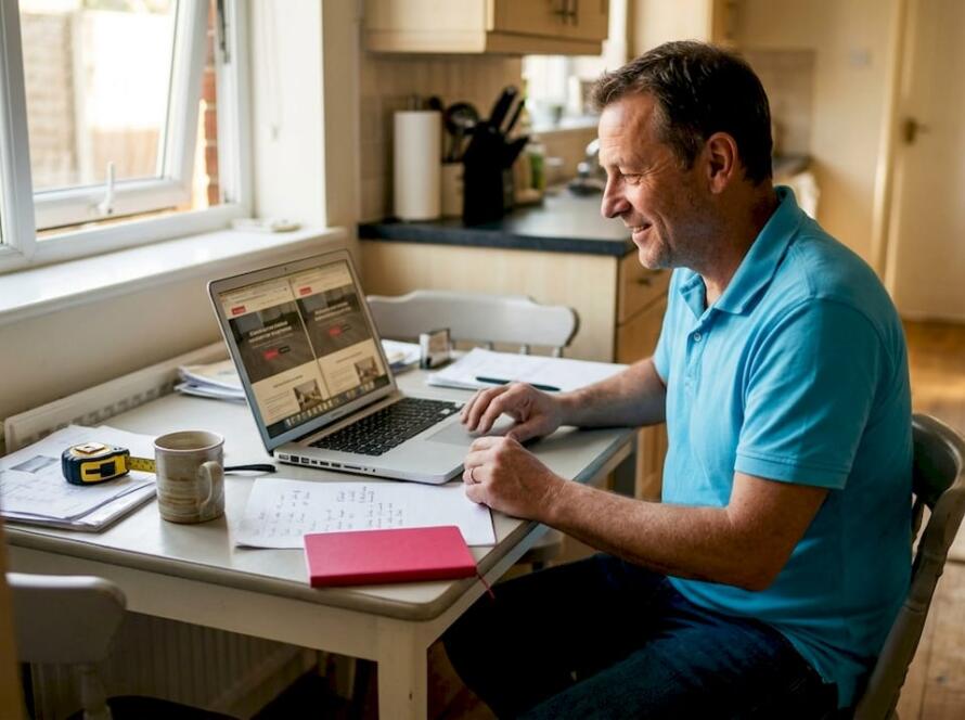 Business owner reviewing flooring website versions