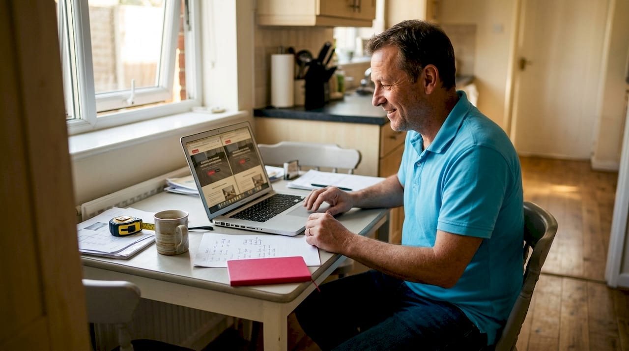 Business owner reviewing flooring website versions