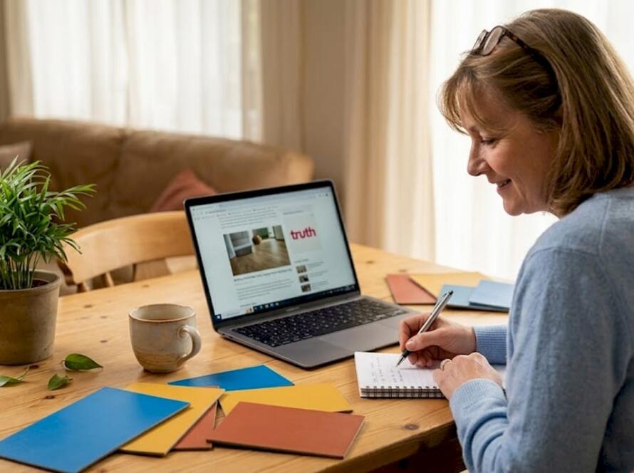 Flooring owner reviews customer profiles at home