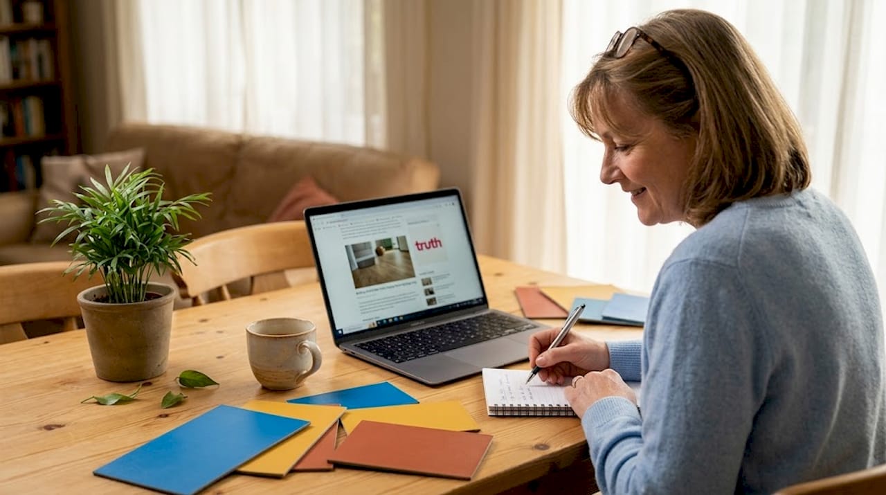 Flooring owner reviews customer profiles at home