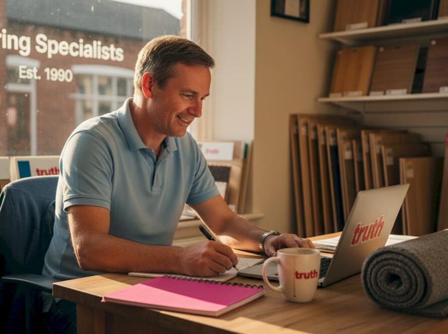 Flooring business owner reviewing SEO analytics