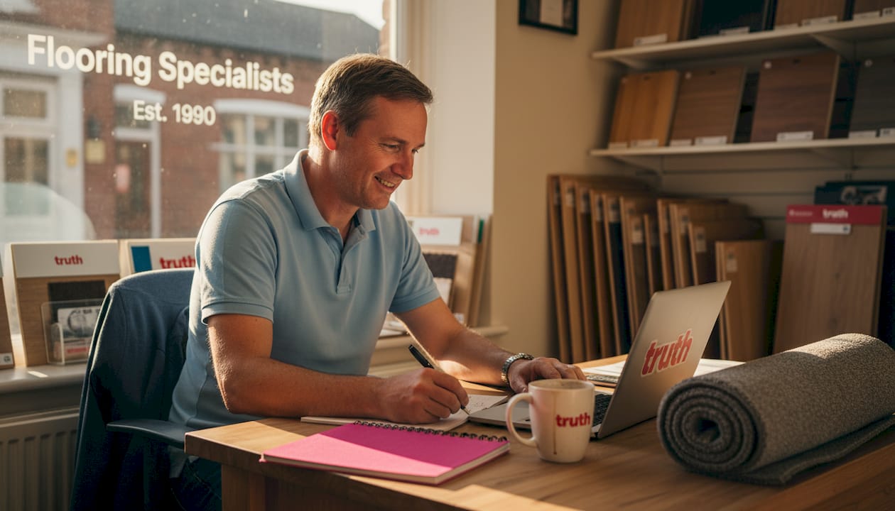 Flooring business owner reviewing SEO analytics