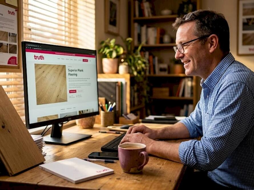 Owner updates flooring brand website at desk
