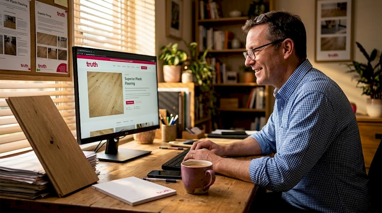 Owner updates flooring brand website at desk