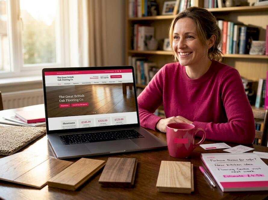 Consultant reviewing flooring website with samples