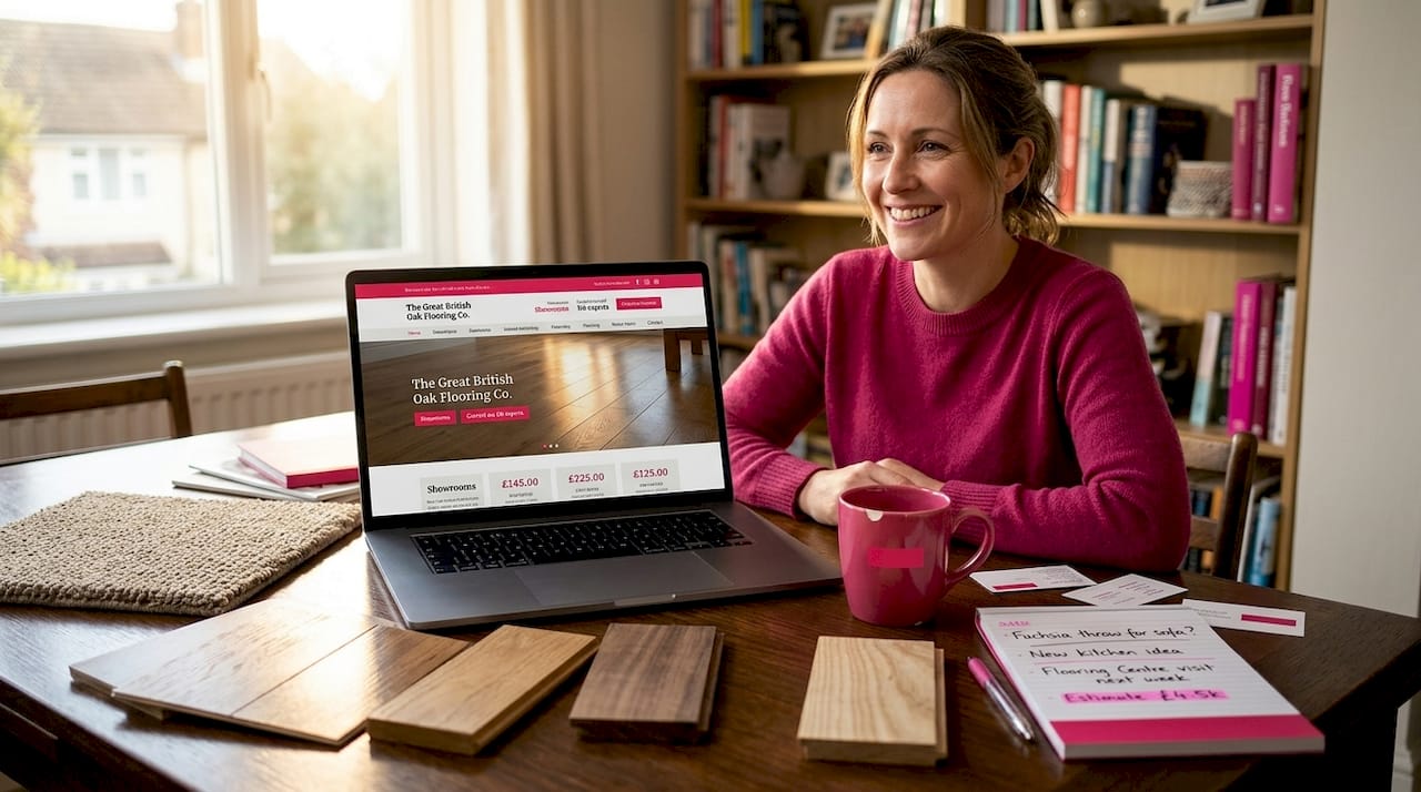 Consultant reviewing flooring website with samples