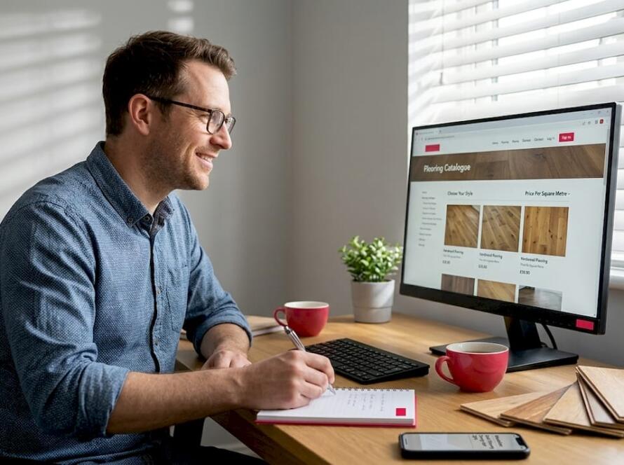 Flooring retailer reviews promotions at desk