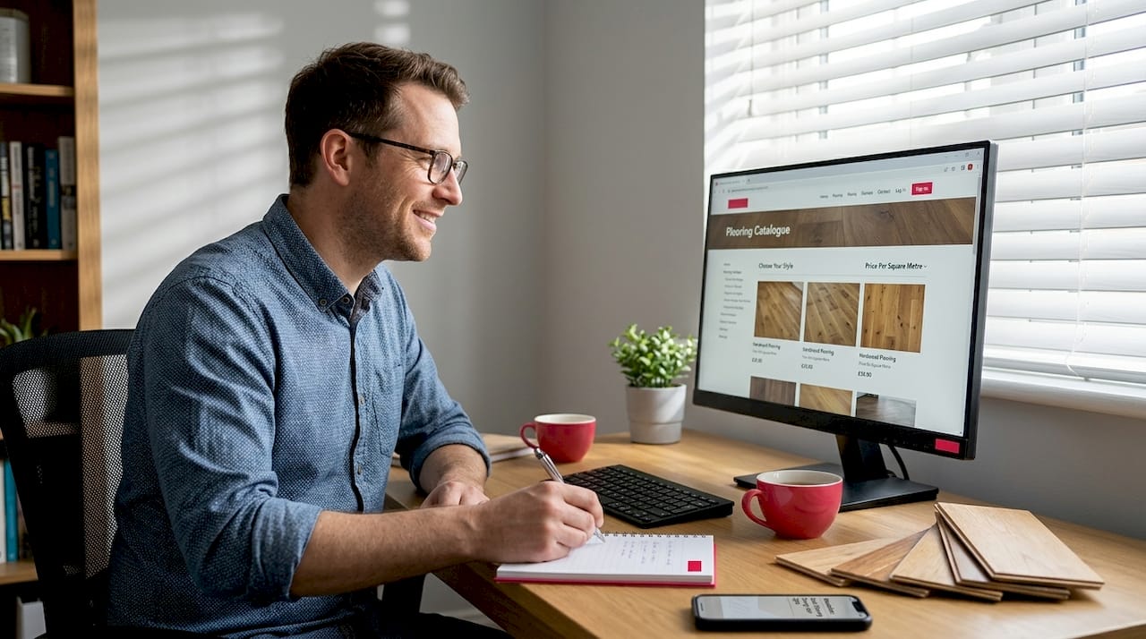 Flooring retailer reviews promotions at desk