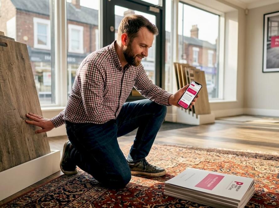 Customer compares flooring samples in showroom