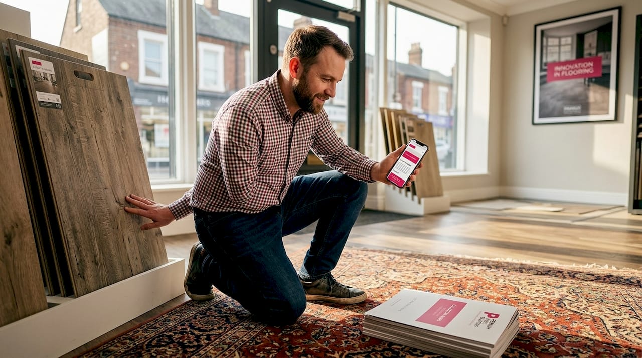 Customer compares flooring samples in showroom