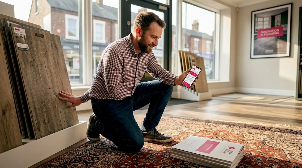 Customer compares flooring samples in showroom