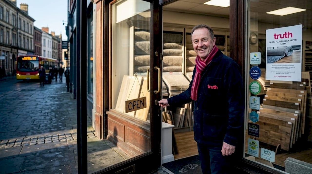 Flooring shop owner opening UK store in morning