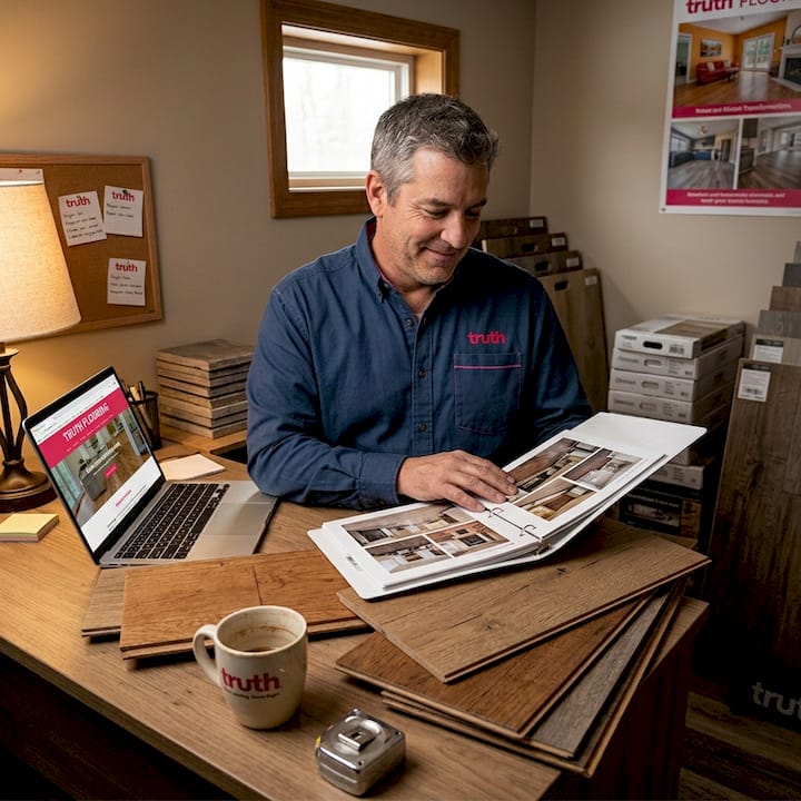Flooring contractor reviewing project portfolio in office
