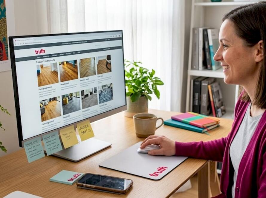 Designer reviews flooring website navigation at desk