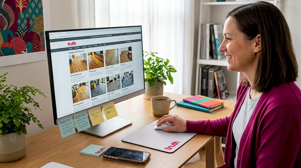 Designer reviews flooring website navigation at desk
