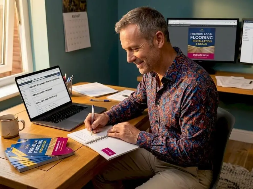 Business owner coordinates flooring marketing