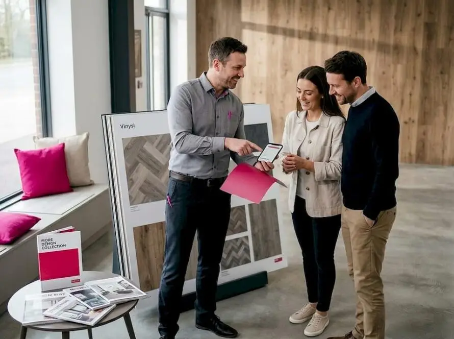Consultant guiding customers in flooring showroom