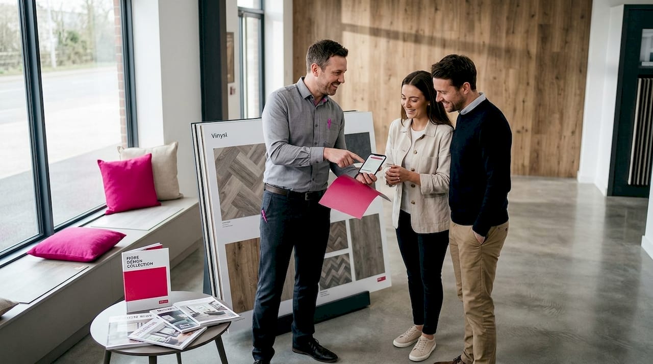 Consultant guiding customers in flooring showroom