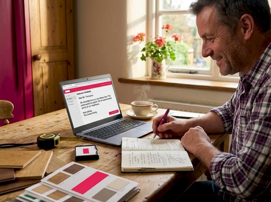 Flooring business owner checking online reviews