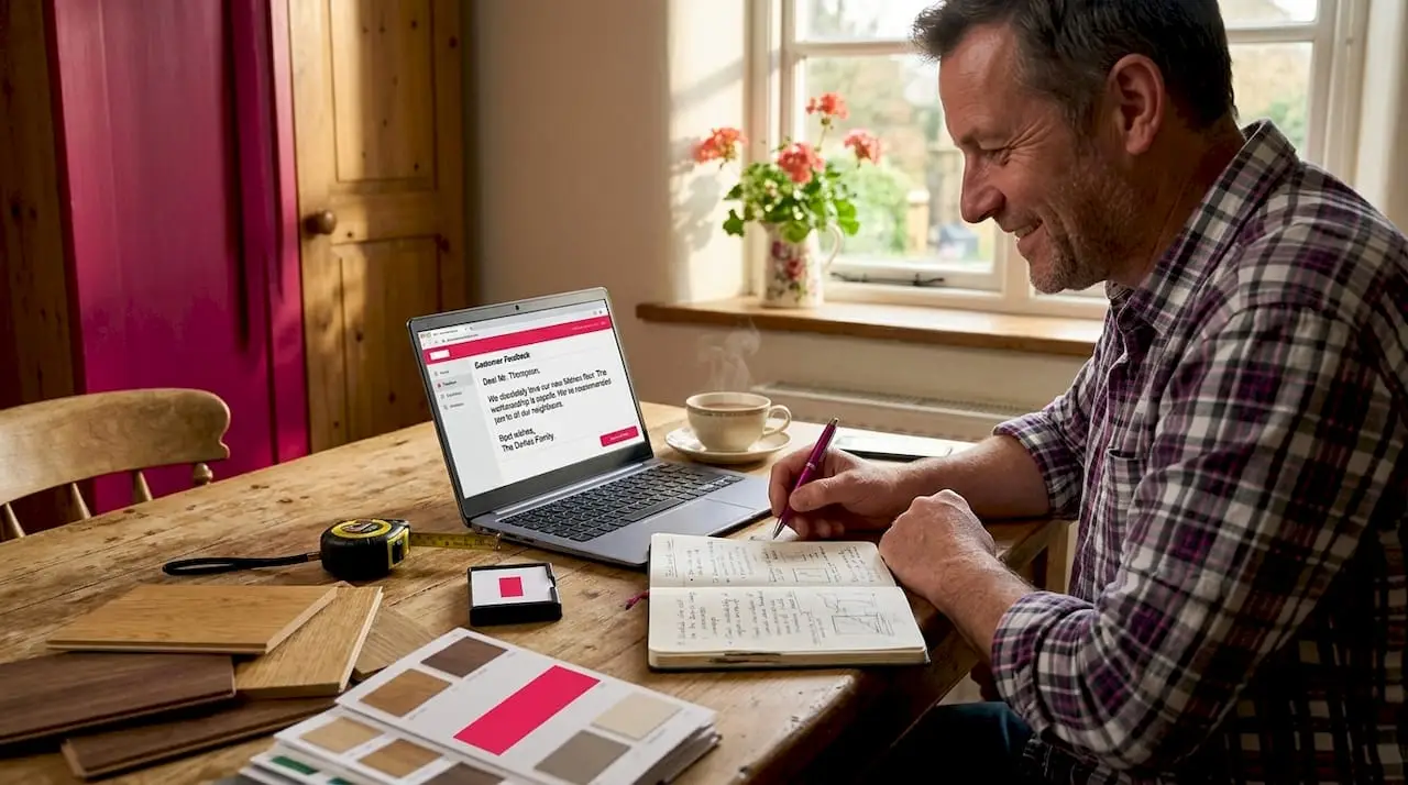Flooring business owner checking online reviews