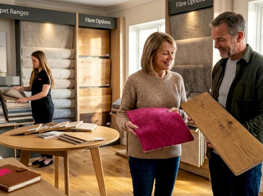 UK flooring showroom with customers choosing samples
