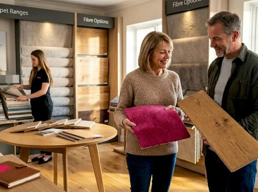 UK flooring showroom with customers choosing samples