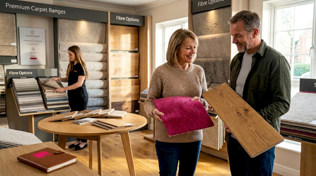 UK flooring showroom with customers choosing samples