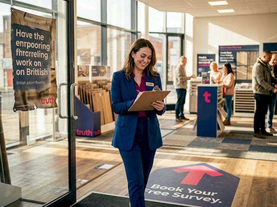 Showroom manager reviews CTA floor graphic