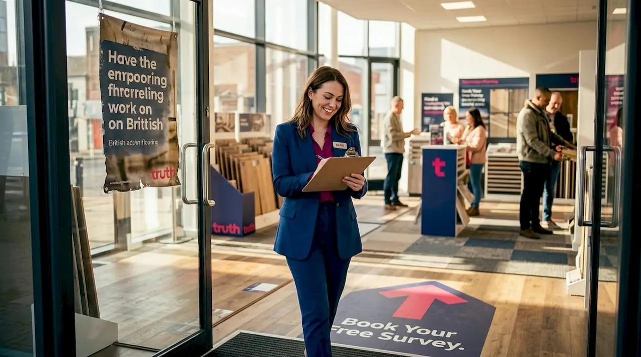 Showroom manager reviews CTA floor graphic