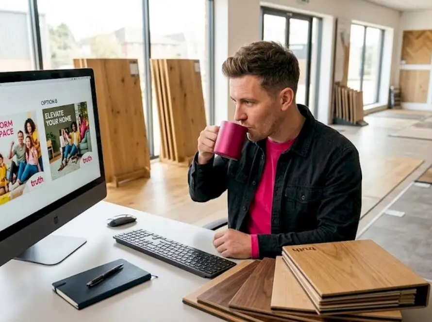 Flooring expert reviewing ads in wood showroom