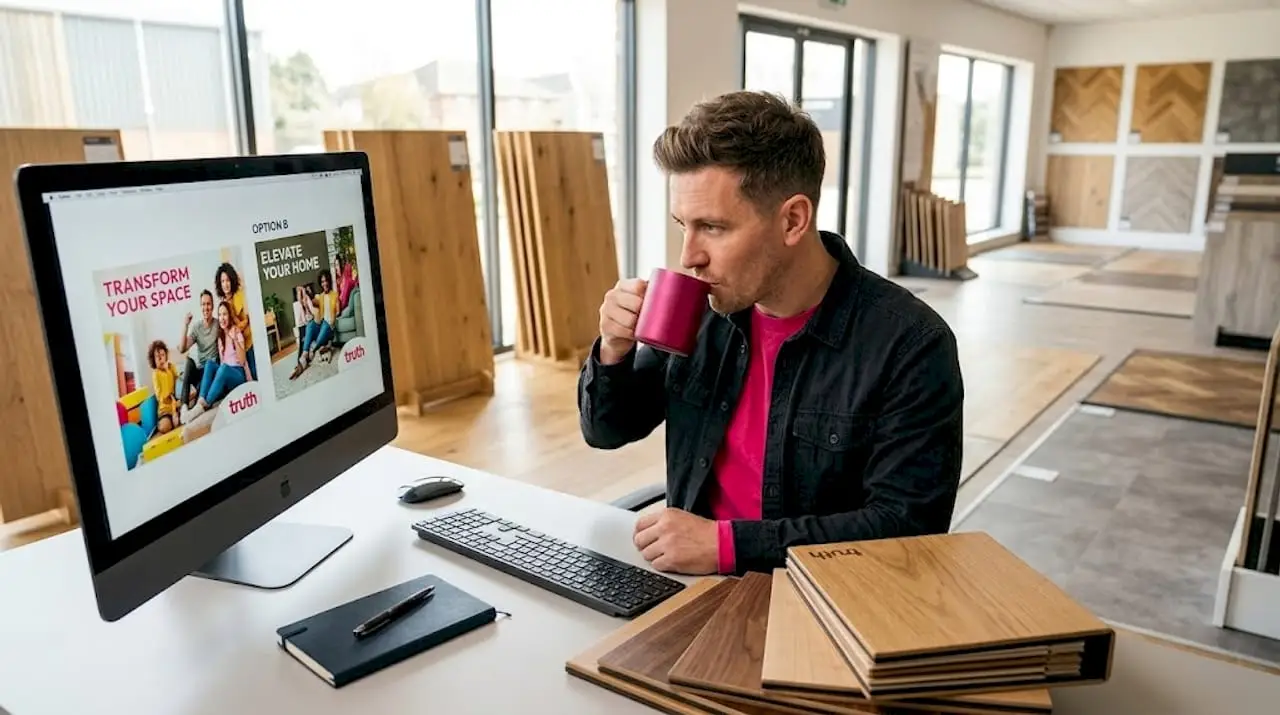Flooring expert reviewing ads in wood showroom