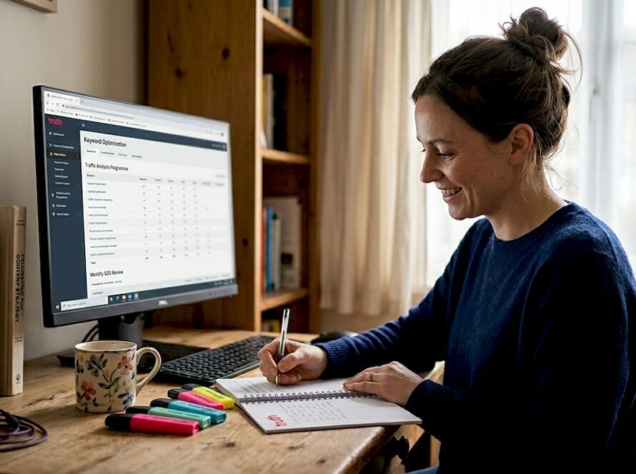 Woman reviewing SEO audit at home office desk