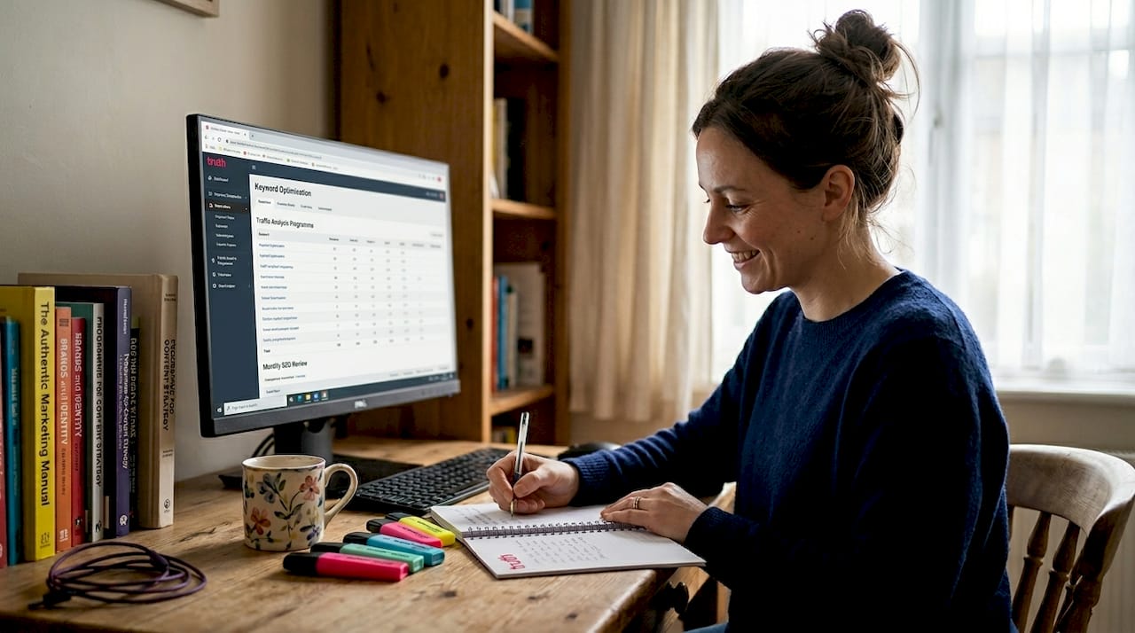 Woman reviewing SEO audit at home office desk