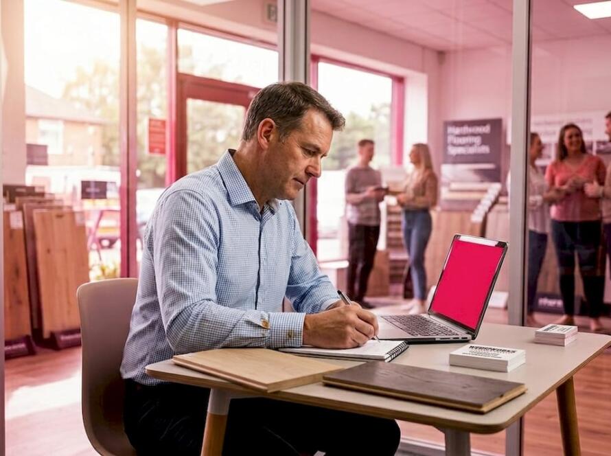 Flooring expert writing in showroom office