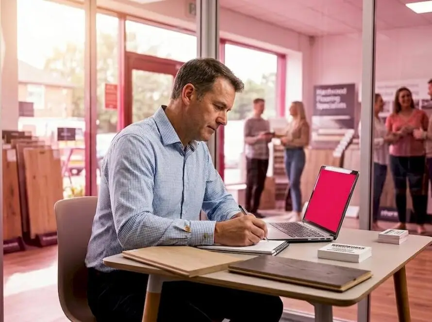 Flooring expert writing in showroom office