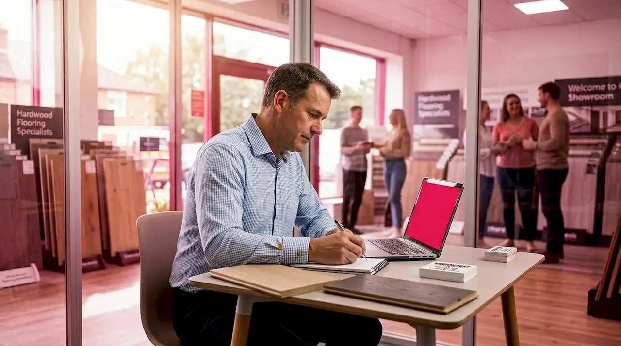 Flooring expert writing in showroom office