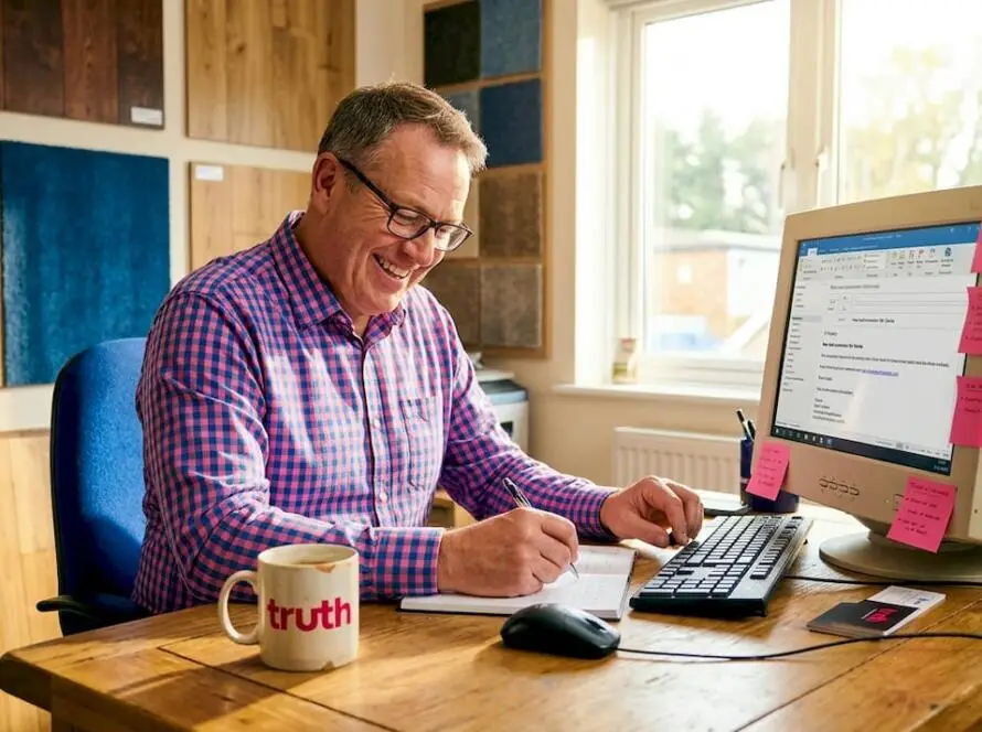 Flooring contractor reviewing lead at desk