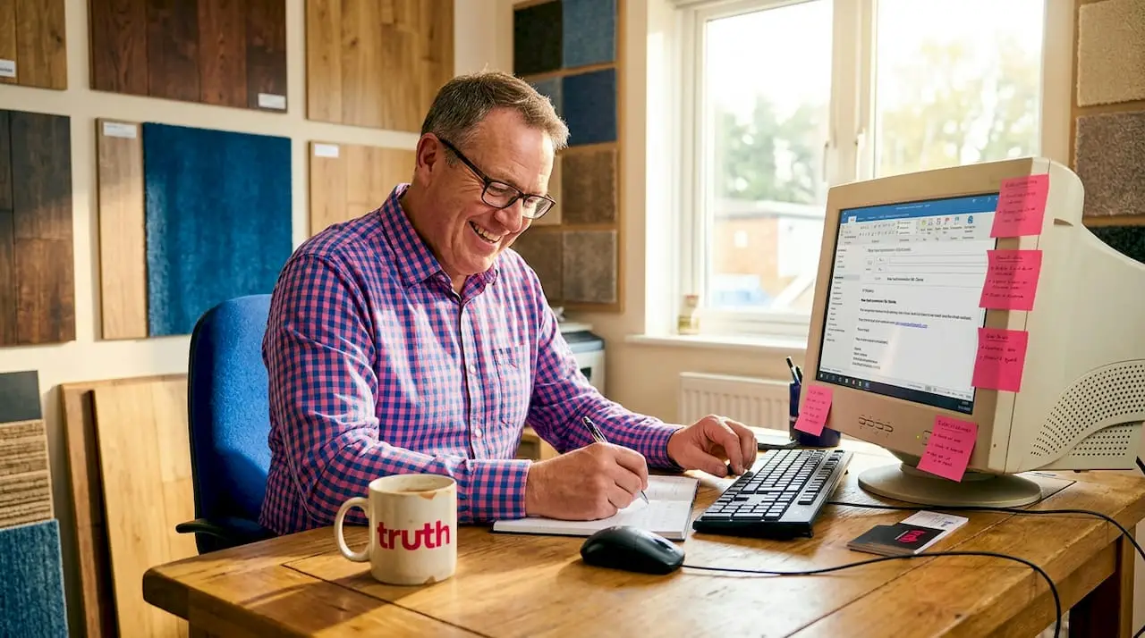 Flooring contractor reviewing lead at desk