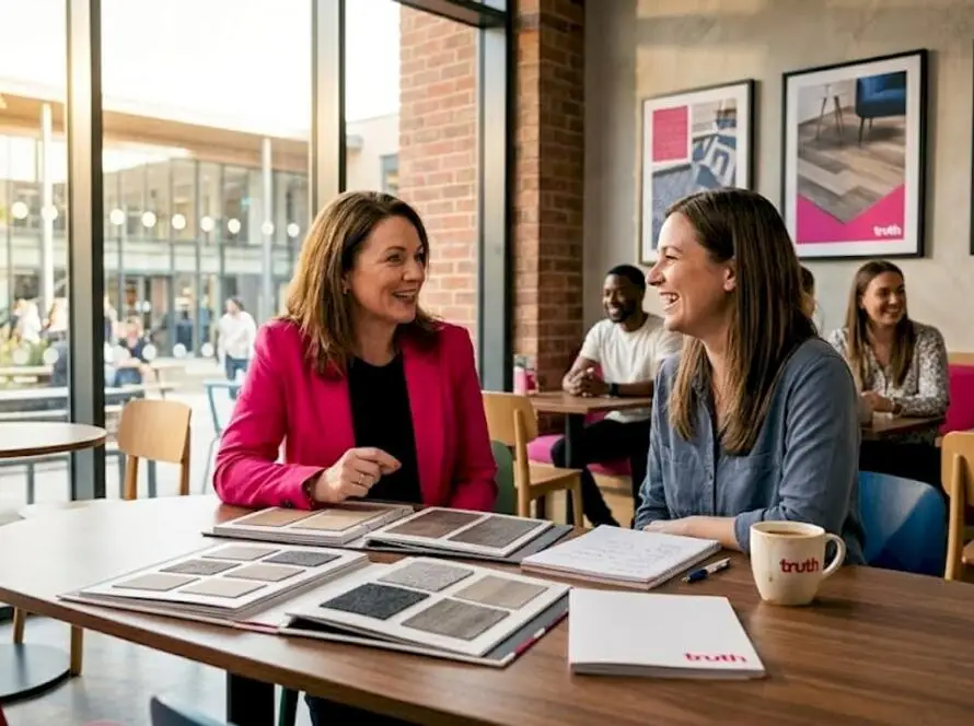 Flooring brand managers discussing in office setting