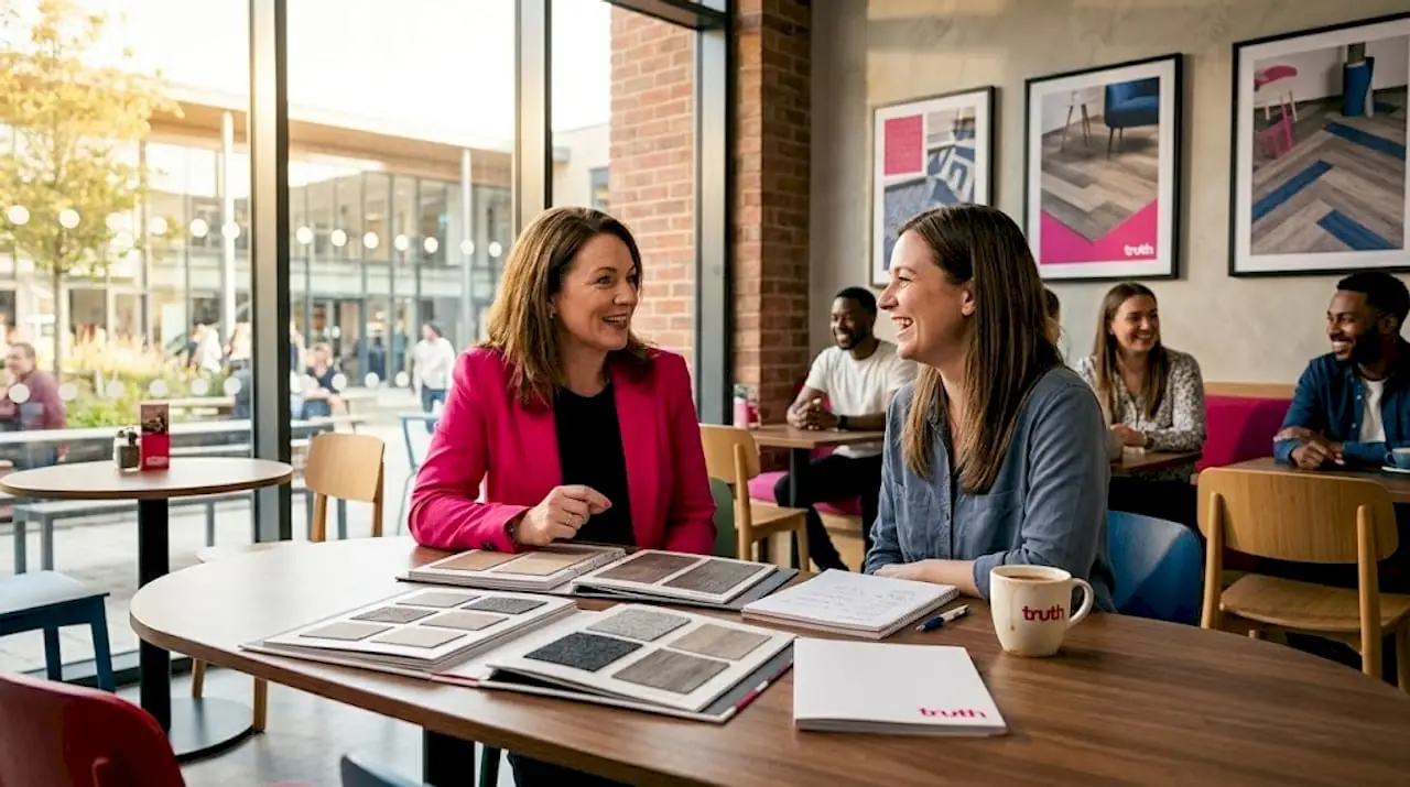 Flooring brand managers discussing in office setting