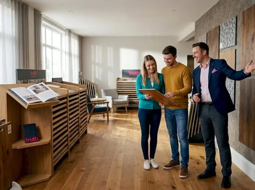 Retail associate explains flooring options in showroom