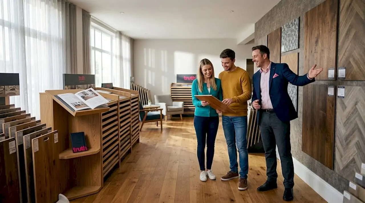 Retail associate explains flooring options in showroom
