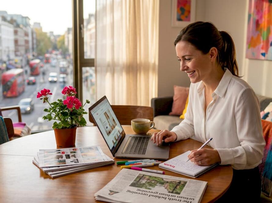 Shopper browsing retail website at kitchen table