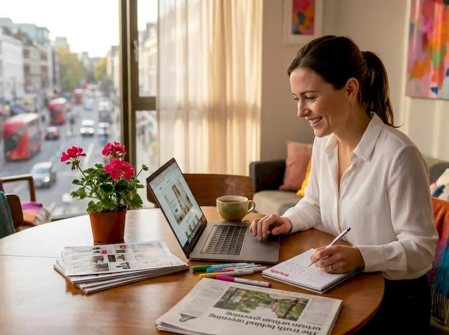 Shopper browsing retail website at kitchen table